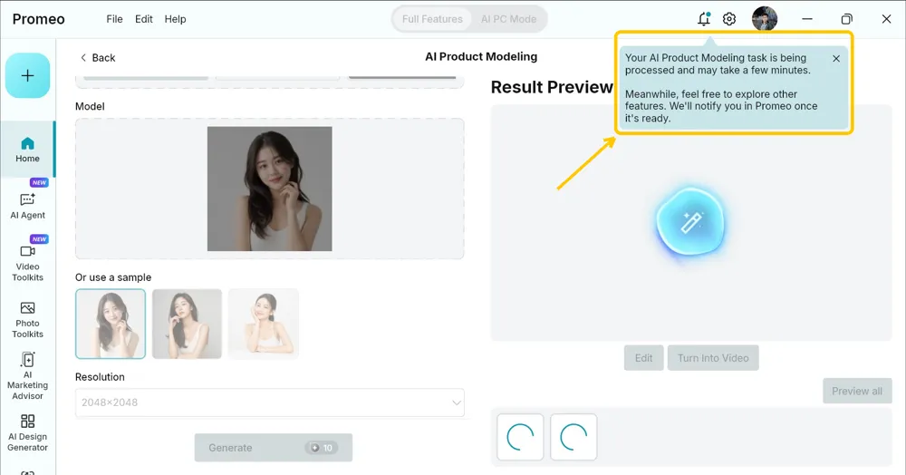 Notice at the top right saying the AI Product Modeling task is being processed, with two loading spinners in the Result Preview panel