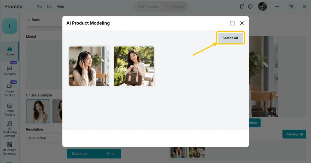 Preview all dialog showing the headphone shot and the handbag shot together, with the Select All button highlighted