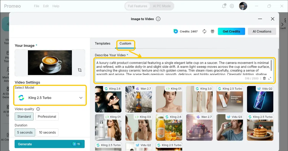 Custom tab highlighted with the Describe Your Video brief and the Select Model dropdown both highlighted