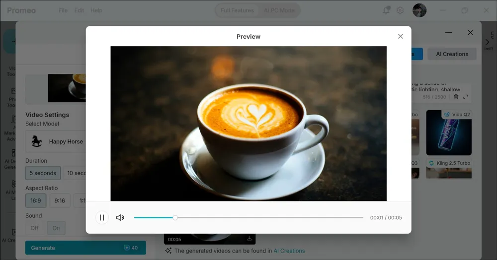 Preview window playing the finished latte video with playback controls and a 00:01 of 00:05 timer