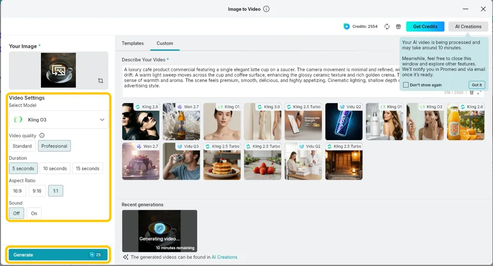 Video Settings panel showing a Video quality row set to Professional above Duration, Aspect Ratio and Sound, with the Generate button highlighted