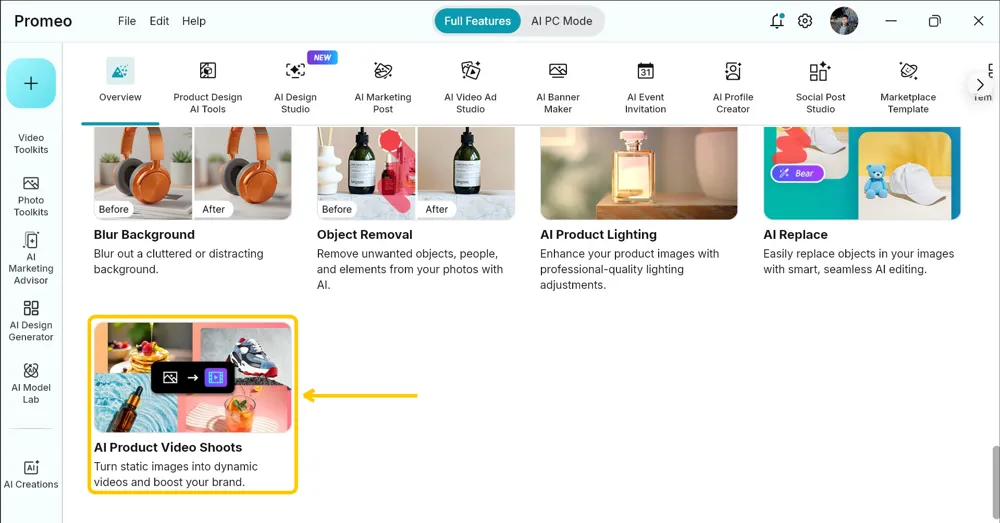 Promeo Home screen with the AI Product Video Shoots card highlighted at the bottom of the generative tools