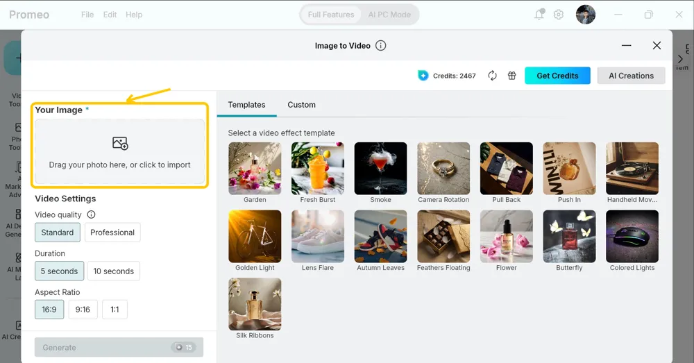 Image to Video window with the Your Image panel and its drag and drop area highlighted