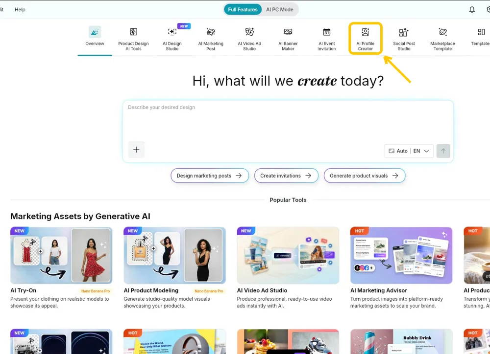 The Promeo Home page with AI Profile Creator highlighted in the top row of tools
