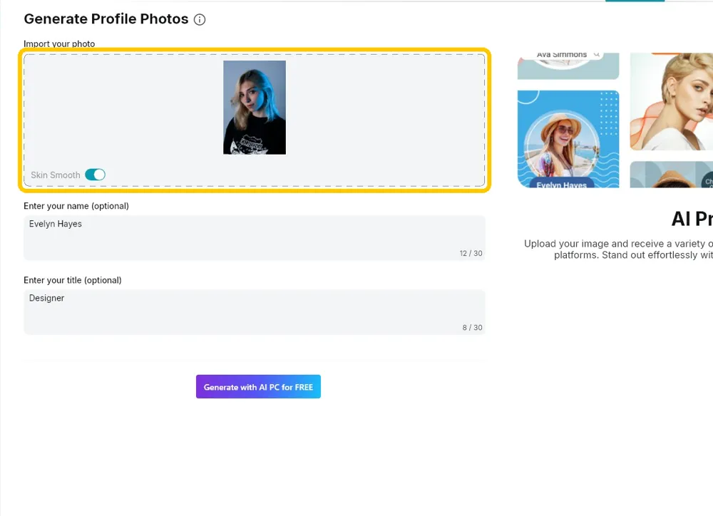 The Import your photo area holding a half-body portrait, with the Skin Smooth switch turned on