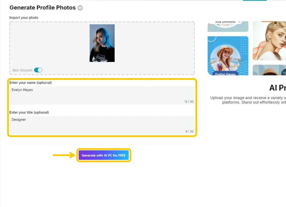 The name field with Evelyn Hayes and the title field with Designer highlighted, and the purple generate button below