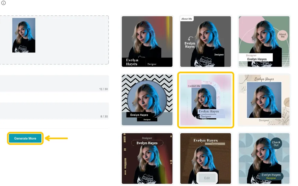 Nine profile picture designs with the pastel Contact Me design and the Generate More button highlighted