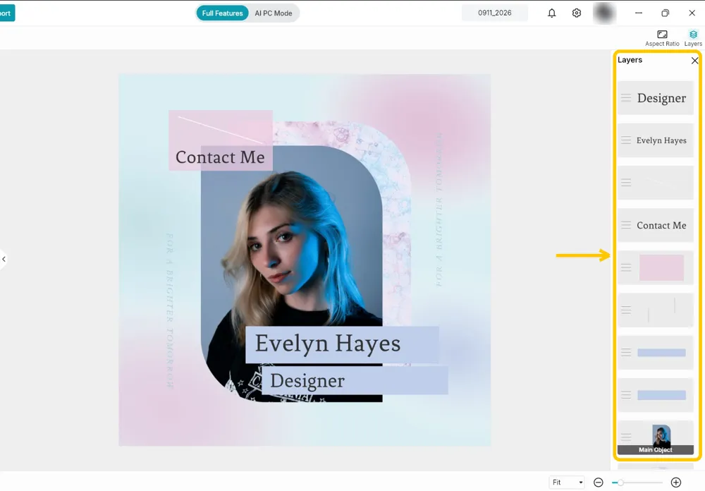 The Contact Me design open in the editor with the Layers panel highlighted