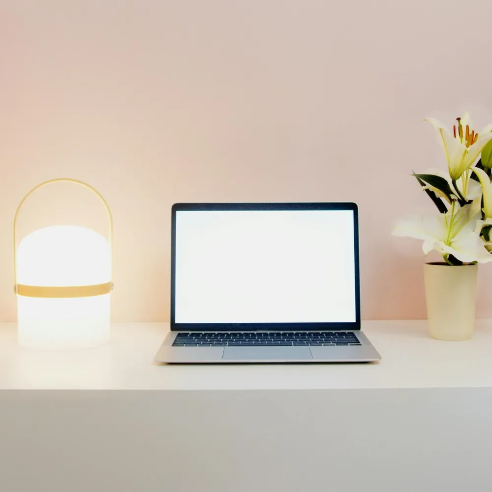Desk scene with a lit lamp on the left, a laptop in the middle and a lily in a pot on the right
