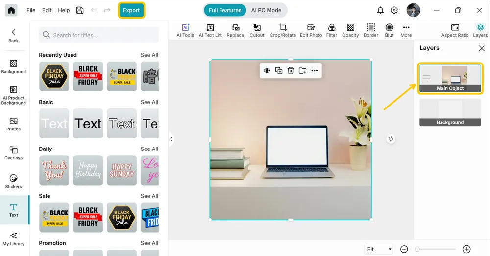 The swapped photo back in the Promeo editor as the Main Object layer, with the Export button highlighted