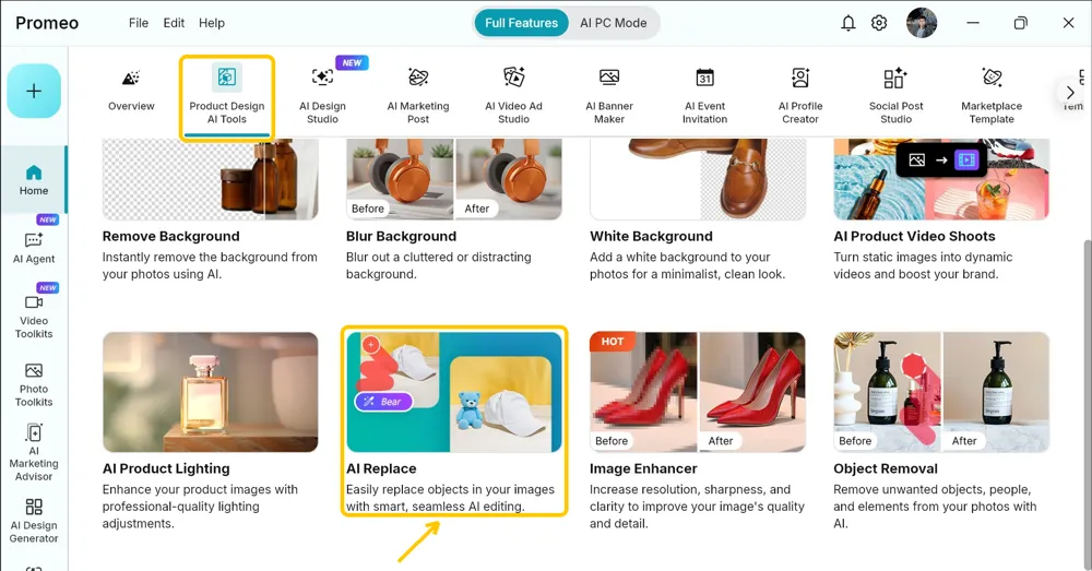 Promeo Home screen with the Product Design AI Tools tab and the AI Replace card both highlighted