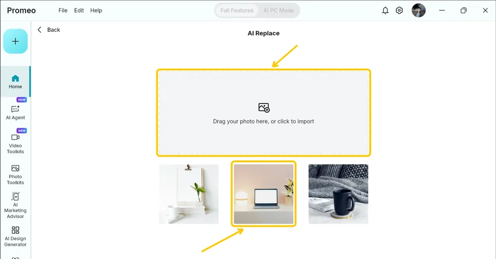 AI Replace import screen with the drag and drop area highlighted and the middle sample photo highlighted below it