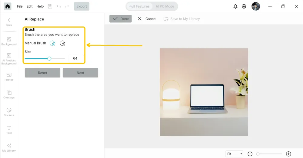 AI Replace brush panel highlighted, showing Manual Brush and the Size slider set to 64