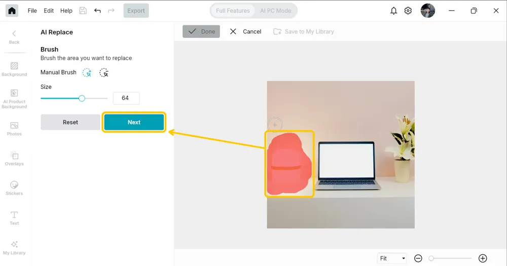 The lamp covered by a red painted mask on the canvas, with the now active Next button highlighted in the panel