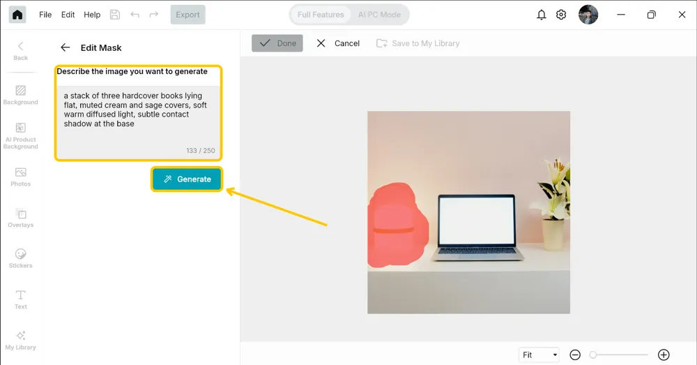 The Describe the image you want to generate box holding the book description, with the Generate button highlighted below it