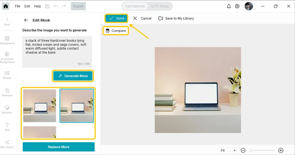 Three generated thumbnails highlighted with the second one selected, alongside the Compare, Generate More and Done buttons