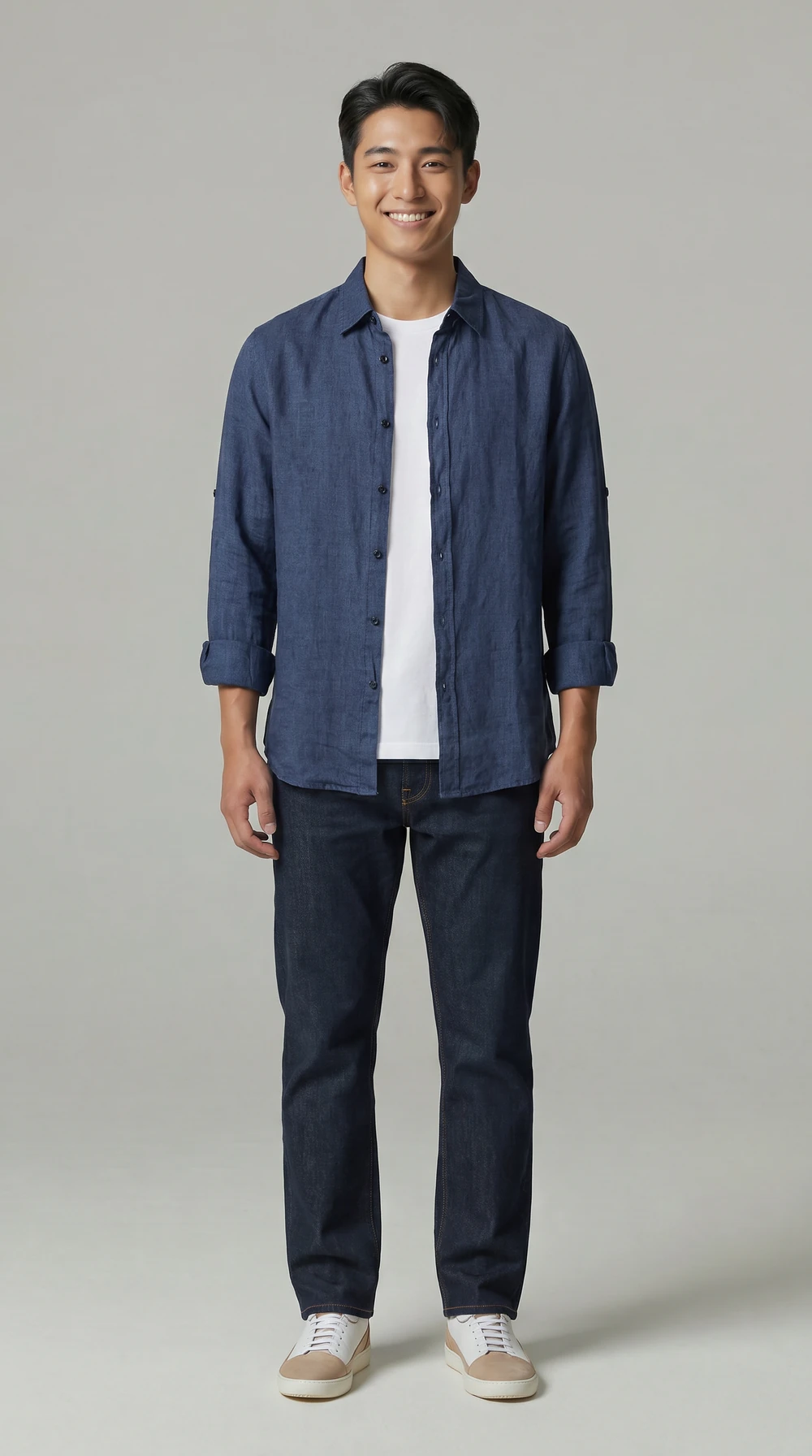 The same denim shirt worn by an AI-generated model, full length
