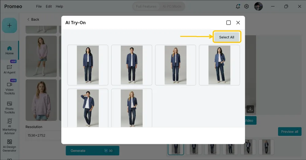 AI Try-On preview window showing all six generated model shots together, with the Select All button highlighted