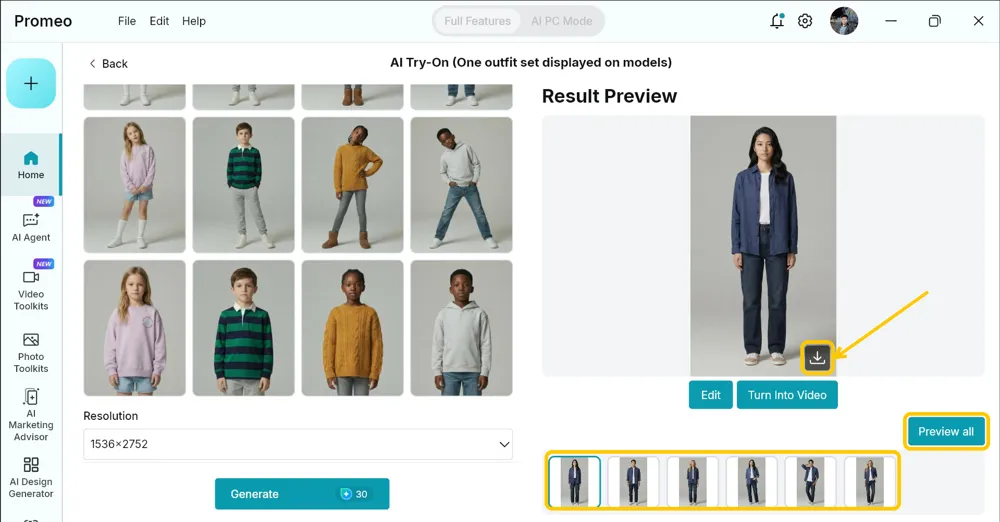 Result Preview panel with the download icon, the Preview all button and the six-thumbnail result strip each highlighted