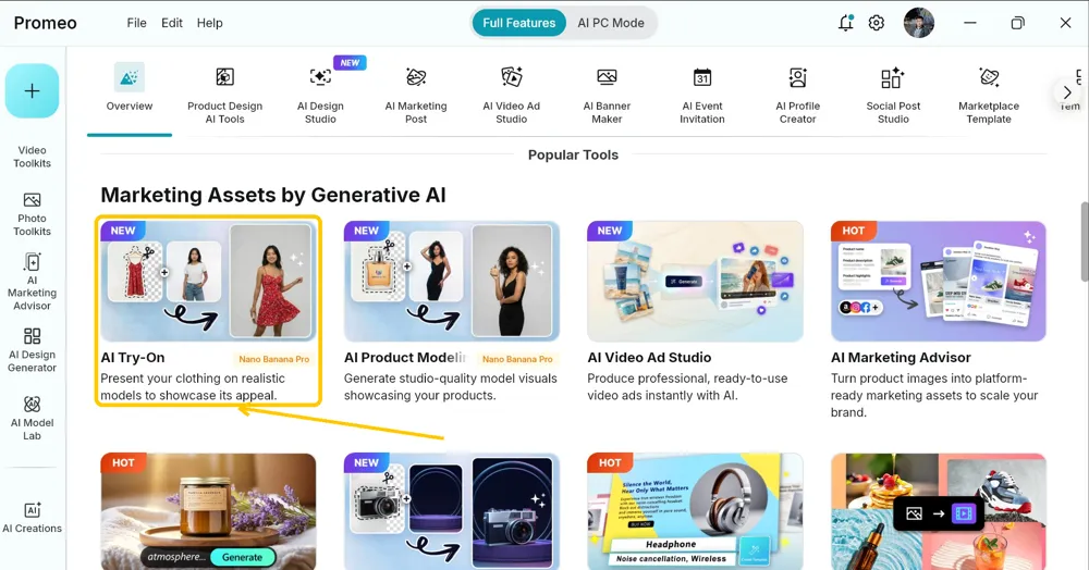 Promeo Home screen with the AI Try-On card highlighted, first in the Marketing Assets by Generative AI row
