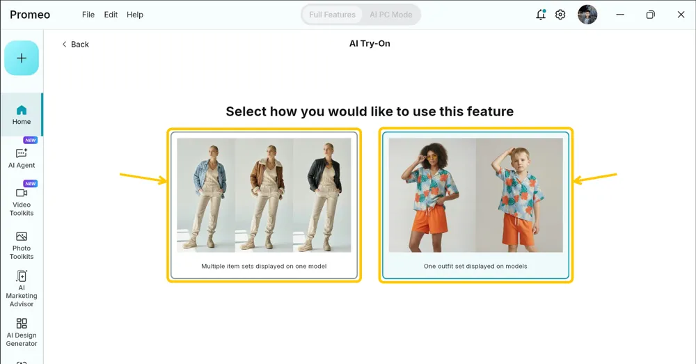 AI Try-On mode screen with both cards highlighted: Multiple item sets displayed on one model, and One outfit set displayed on models