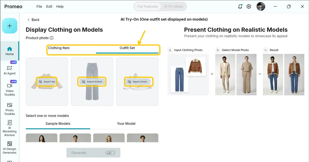 Outfit Set tab highlighted alongside Clothing Item, with the Import top, Import bottom and Import shoes buttons each highlighted