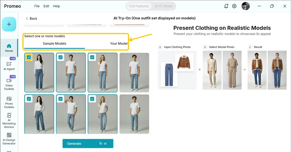 Select one or more models section highlighted with the Sample Models and Your Model tabs, and the tick on the first selected model highlighted