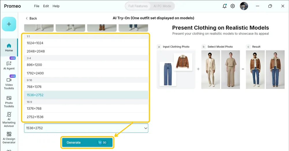 Resolution dropdown open, grouped by 1:1, 3:4, 9:16 and 16:9 with two sizes each, highlighted alongside the Generate button