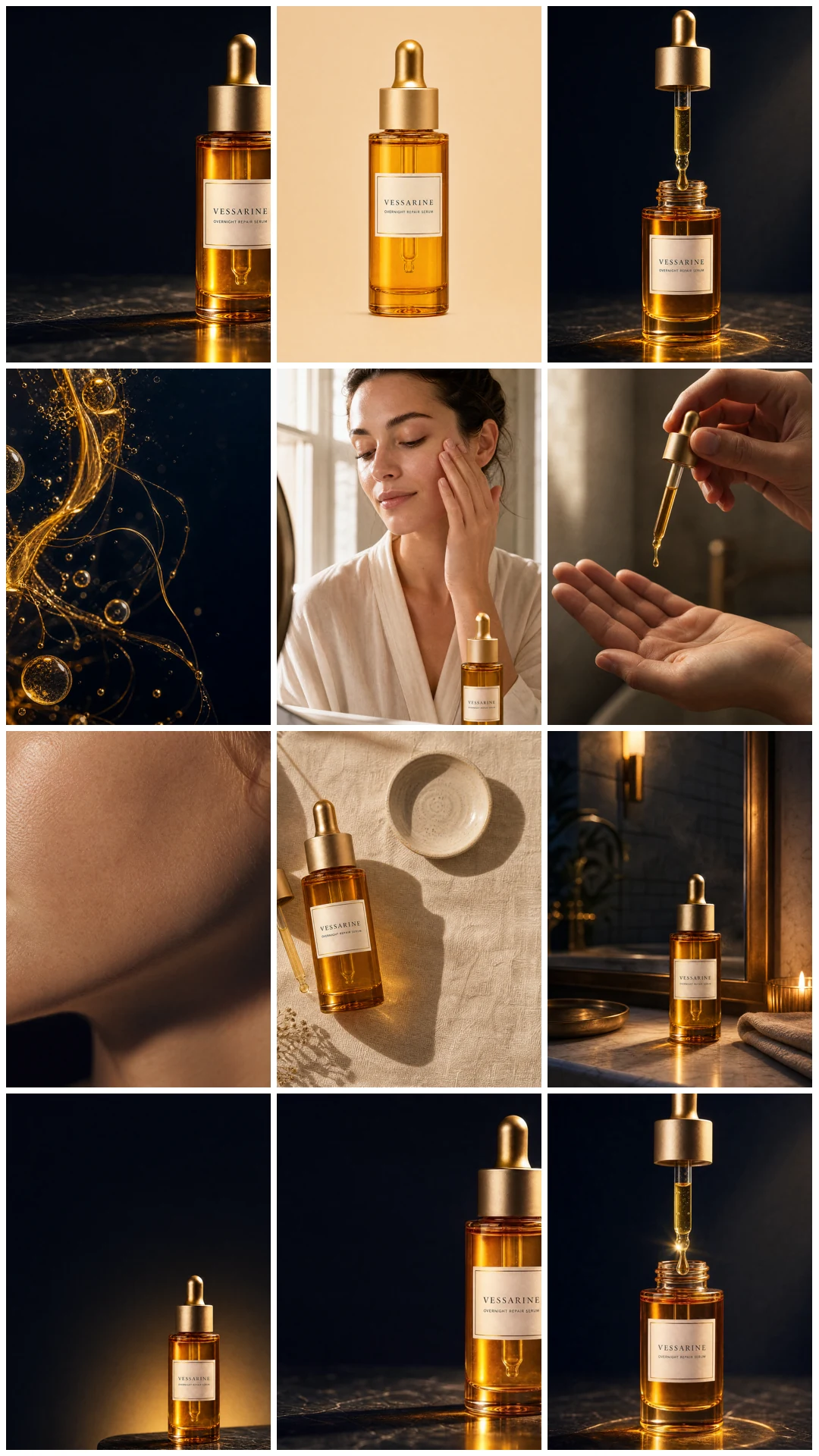The twelve files handed to AI Video Ad Studio, ten product and lifestyle photographs of a serum plus a frame from each of the two short clips, laid out in a grid.