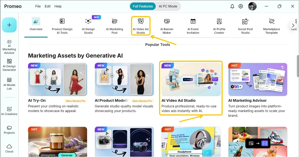 Promeo Home screen with the AI Video Ad Studio tool row item and its generative tool card both highlighted
