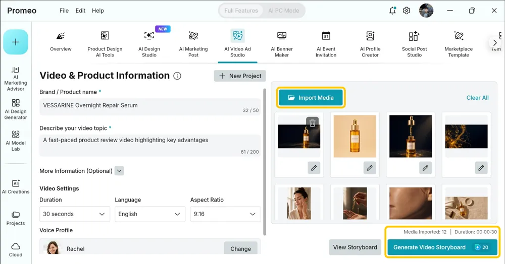 Media tray filled with twelve serum photos and clips, with the Import Media button and the media counter plus Generate Video Storyboard button highlighted