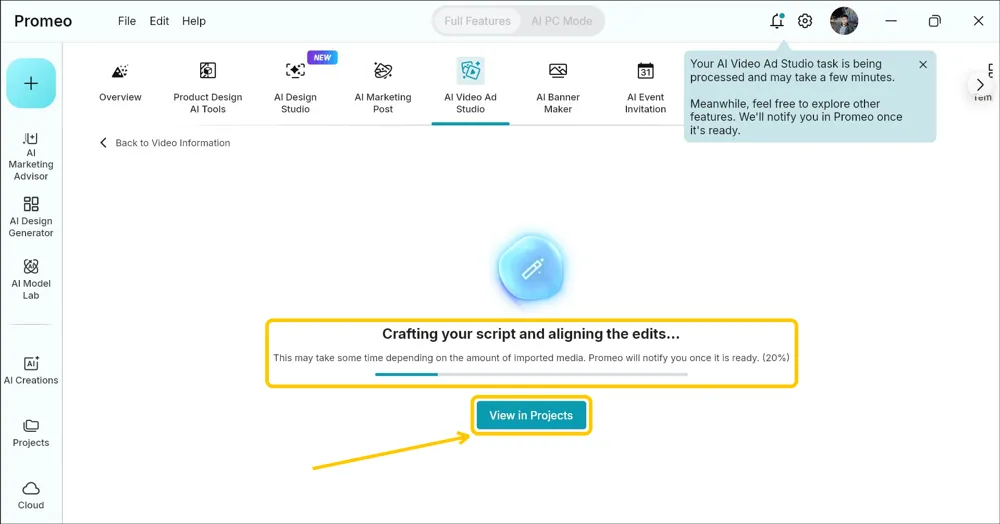 Progress screen reading Crafting your script and aligning the edits at 20 percent, with the View in Projects button highlighted