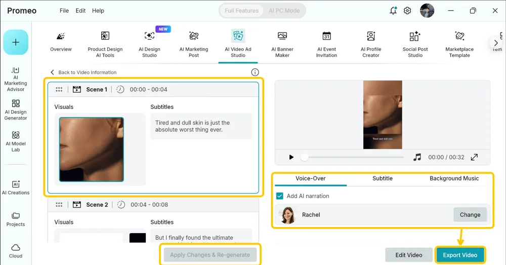 Storyboard screen with the Scene 1 card, the Voice-Over tab with Add AI narration and the Rachel voice, the Apply Changes and Re-generate button, and the Export Video button all highlighted