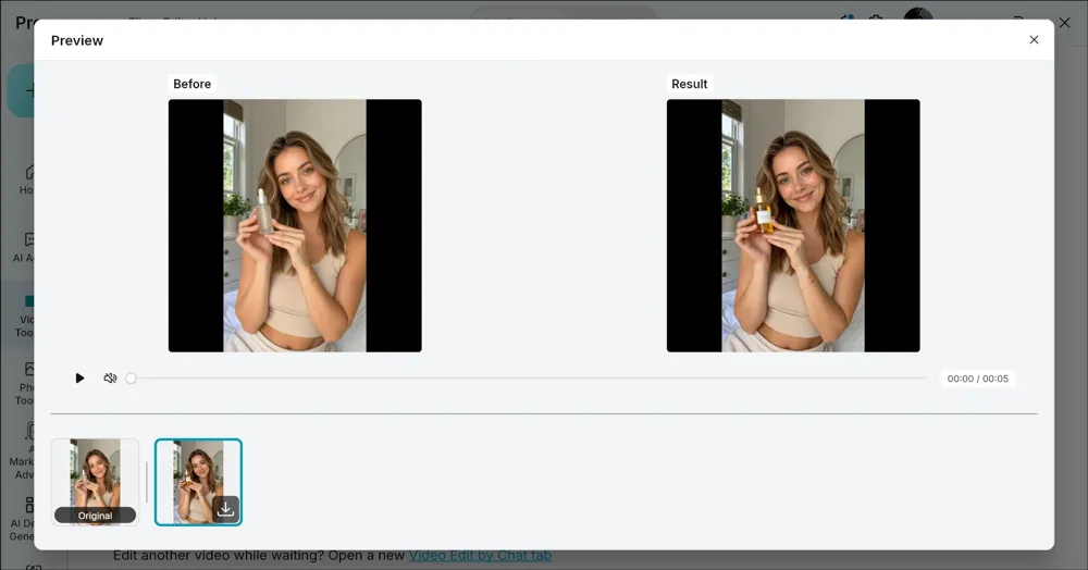 Promeo's Preview window with the uploaded clip labeled Before on the left and the edited clip labeled Result on the right, under a single playback bar.