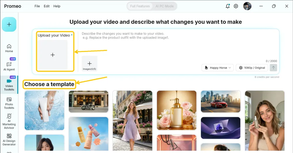Video Edit by Chat opening screen with the Upload your Video panel and the Choose a template heading highlighted