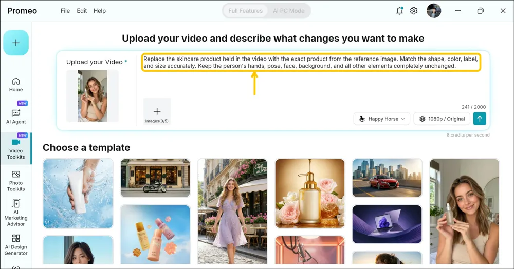 Video Edit by Chat with the typed instruction highlighted in the description box next to the uploaded clip