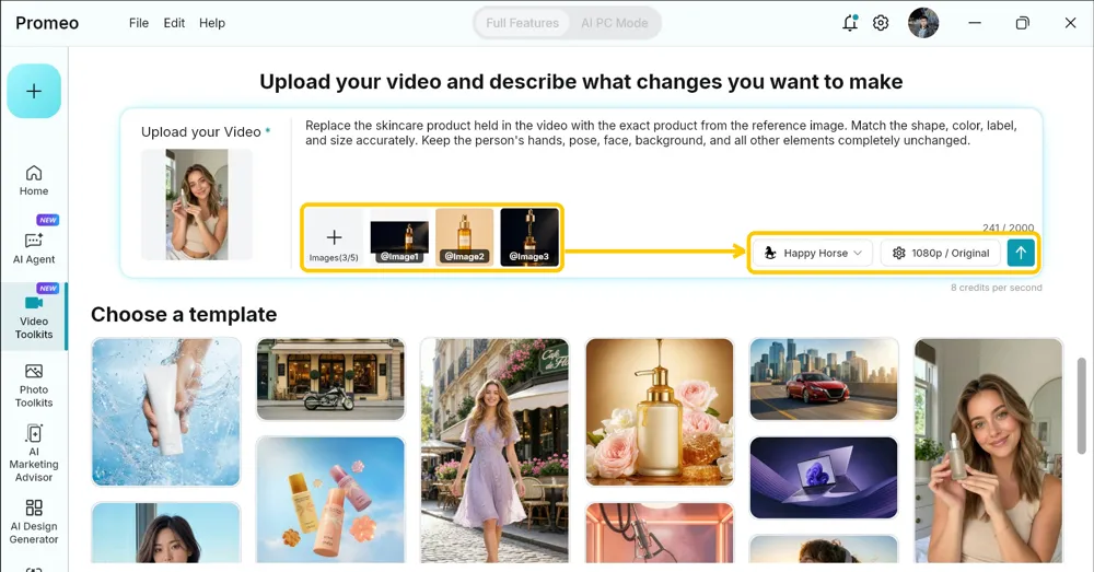 Video Edit by Chat with three reference images attached under Images and the engine, output, and send controls highlighted