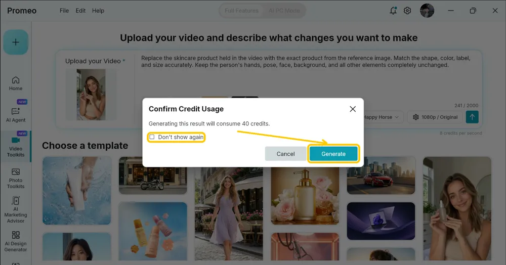 Confirm Credit Usage dialog with the Don't show again checkbox and the Generate button highlighted