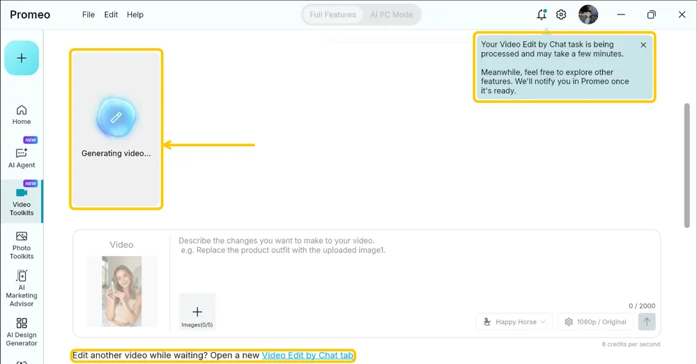 Generating video tile with the processing notice at the top right and the link to open a new Video Edit by Chat tab highlighted