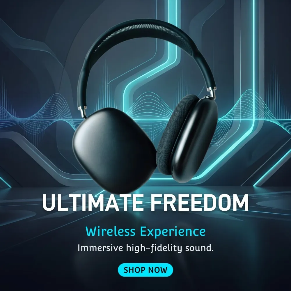 Finished marketing post with the same headphones, a dark tech background, and Ultimate Freedom headline