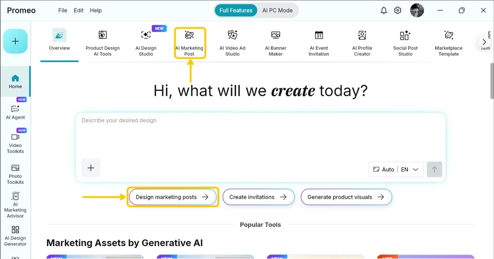 Promeo home screen with the AI Marketing Post tab highlighted