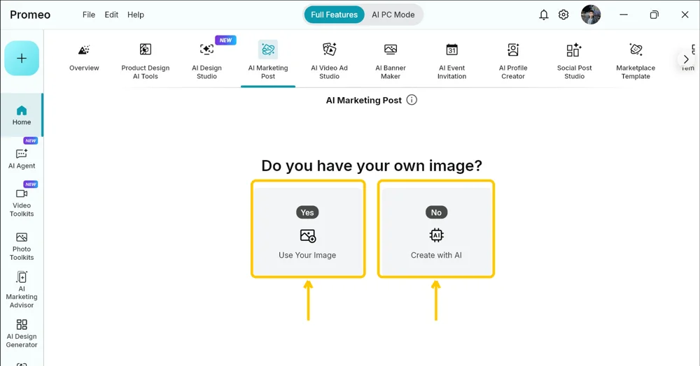 AI Marketing Post screen asking Do you have your own image, with Yes highlighted
