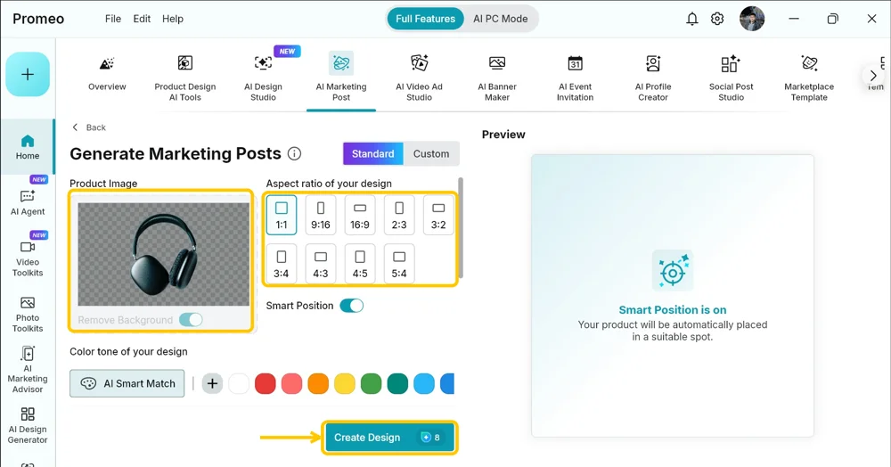 Generate Marketing Posts screen with background removed, aspect ratio, and Create Design highlighted