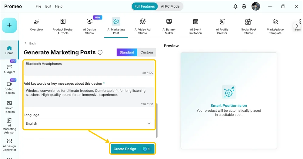 Generate Marketing Posts screen with Bluetooth Headphones title and keywords filled in
