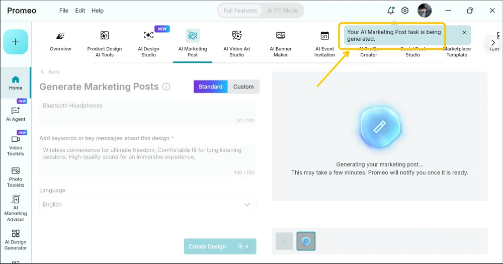 Notification showing the AI Marketing Post task is being generated
