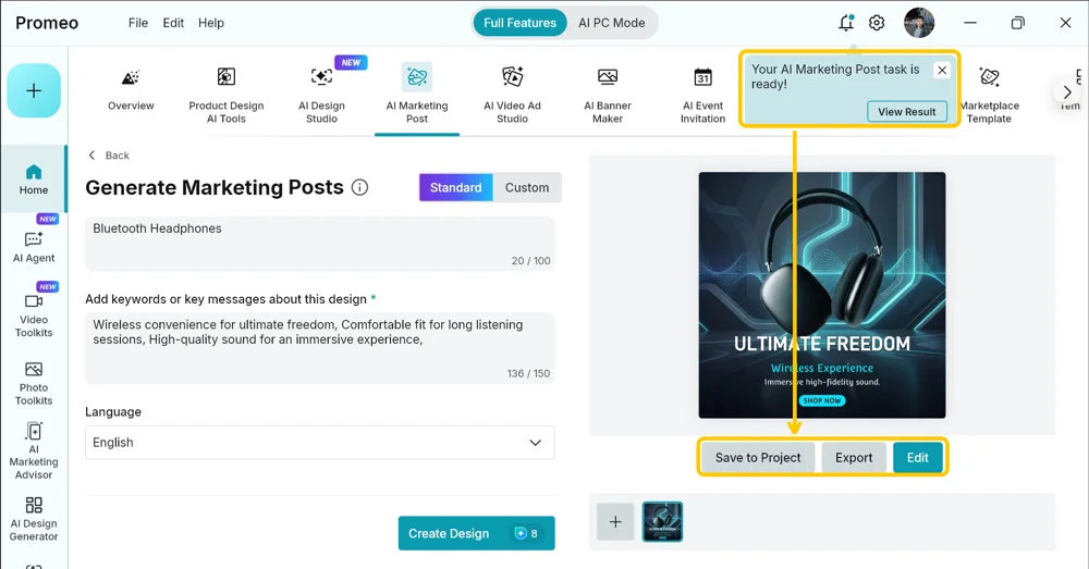 Finished marketing post ready to view, with Save to Project, Export, and Edit buttons