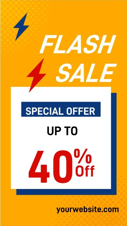 An orange Flash Sale poster template reading Special Offer Up To 40% Off and yourwebsite.com