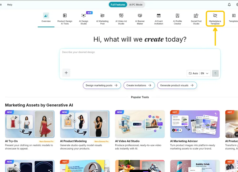 The Promeo Home page with Marketplace Template highlighted in the top row of tools
