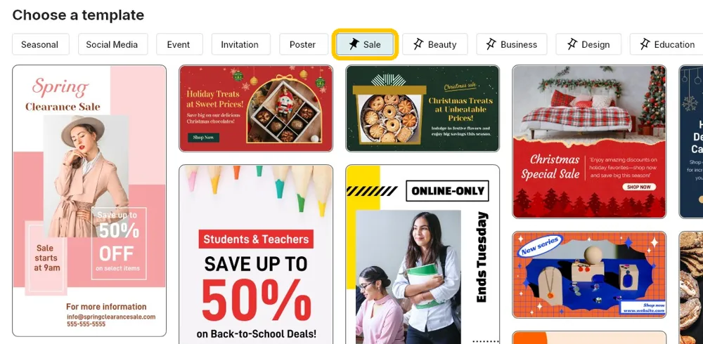 The Choose a template section with the category buttons and the Sale category highlighted