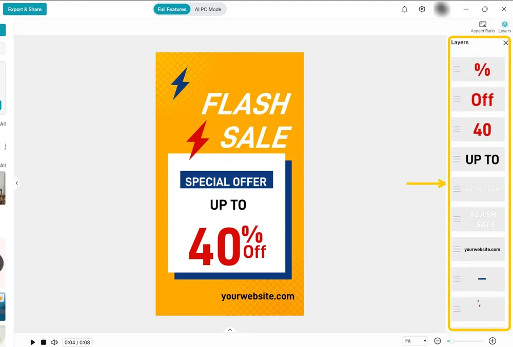 The Flash Sale template open in the editor with the Layers panel listing each text element highlighted